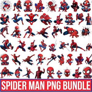 May include: A collection of various Spider-Man character illustrations in red and blue suits, featuring diverse action poses, web-slinging stances, and chibi-style designs. The bottom of the image includes a red banner with the text SPIDER MAN PNG BUNDLE.