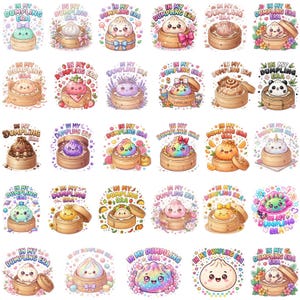 May include: A collection of twenty-nine circular stickers featuring various cartoon dumplings in bamboo steamers, each with the text In My Dumpling Era. The designs include colourful, patterned, and themed dumplings surrounded by flowers, fruits, and sparkles.