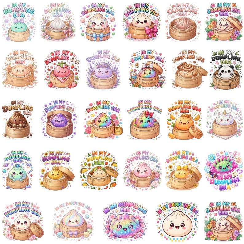 May include: A collection of twenty-nine circular stickers featuring various cartoon dumplings in bamboo steamers, each with the text In My Dumpling Era. The designs include colourful, patterned, and themed dumplings surrounded by flowers, fruits, and sparkles.