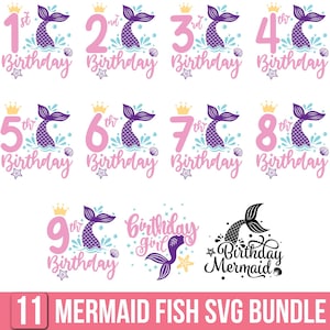 May include: A collection of pink and purple mermaid-themed birthday graphics. Each design features a number, a mermaid tail, and the word "Birthday". The bottom banner reads "11 MERMAID FISH SVG BUNDLE".