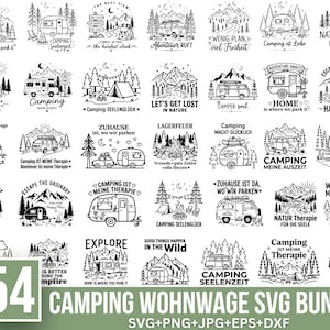 May include: A collection of 54 black and white line art illustrations featuring camping themes, including camper vans, travel trailers, tents, mountains, forests, and campfires, with various English and German phrases like Camping is Liebe.