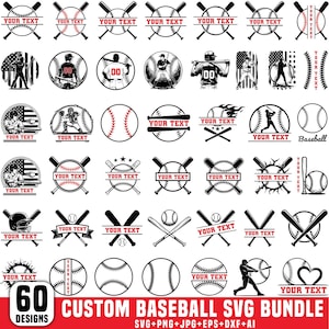 May include: A collection of 60 custom baseball SVG designs in black and white. The designs include baseballs, bats, players, and text boxes for customization. The text "YOUR TEXT" is included in many designs. The bundle includes SVG, PNG, JPG, EPS, DXF, and AI formats.