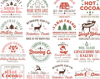 Può includere: Una collezione di insegne natalizie vintage in stile fattoria in rosso, bianco e verde. I disegni includono "North Pole Milk & Cookie Co.", "Gingerbread Bakery", "Hot Cocoa" e "Reindeer Treats". Le insegne sono nei formati SVG, PNG, JPG, EPS e DXF.
