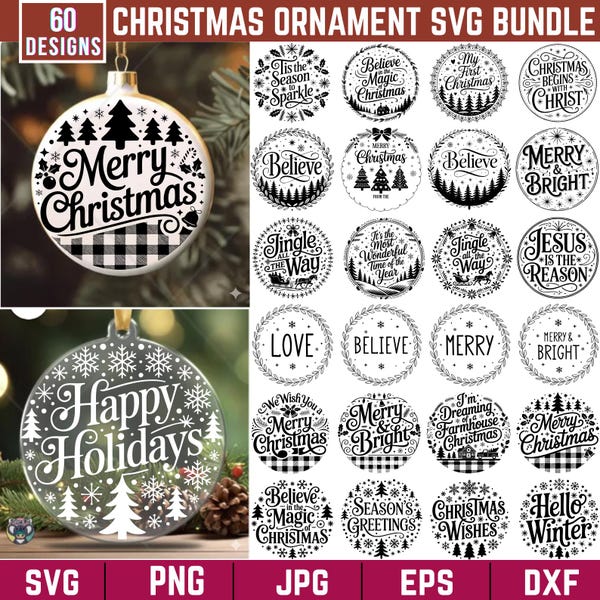 Christmas Ornament Svg Bundle, 60 Round Christmas Ornaments Svg, Merry Christmas Svg, Holiday Ornament Designs, Cut Files Cricut, Silhouette