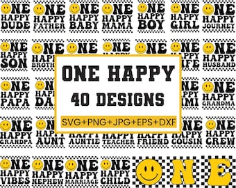 Paquete de archivos SVG "One Happy Dude Birthday", PNG familiar a juego, SVG "First Birthday Boy Girl", diseño retro de fiesta con carita sonriente, para Cricut y Silhouette.