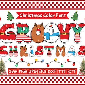 May include: A vibrant graphic featuring the words "GROOVY CHRISTMAS" in a playful font, with Christmas-themed decorations. The design includes the text "Christmas Color Font" and file format options. Festive and colourful.