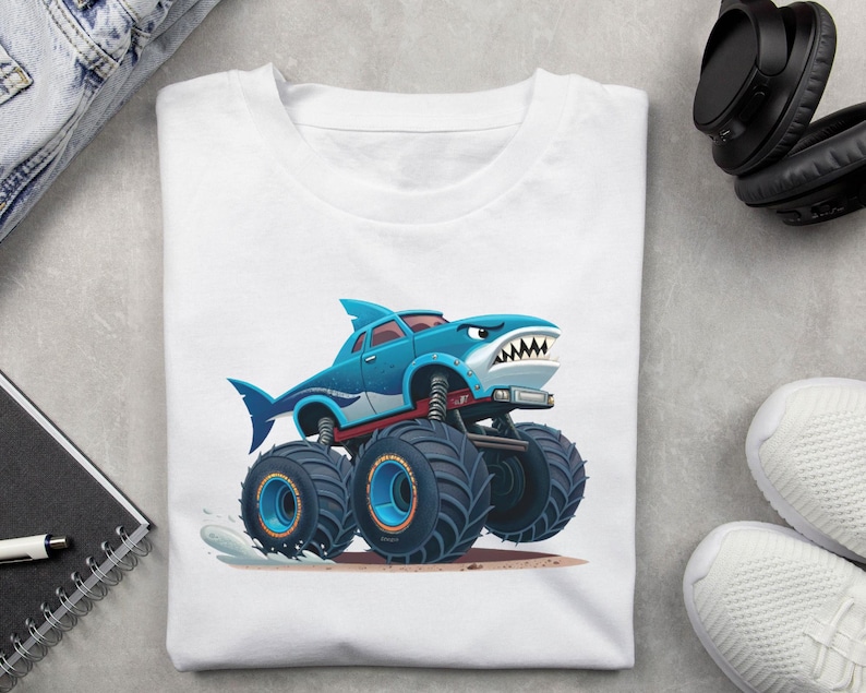 May include: White t-shirt featuring a cartoon monster truck designed as a shark. The truck is blue with a white and red accent, large black tires, and a shark fin. The shark truck has an angry expression.