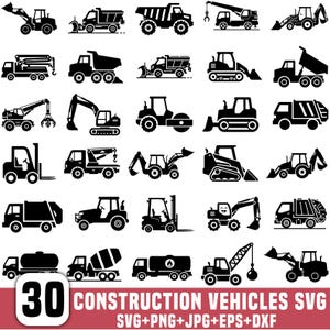 Könnte beinhalten: Schwarz-Weiß-Vektorillustrationen von 30 Baumaschinen, darunter Bagger, Muldenkipper und Betonmischer. Das Bild enthält die Zahl 30 in einem weißen Kreis und den Text "CONSTRUCTION VEHICLES SVG" mit Dateitypoptionen.