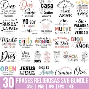 May include: A collection of 30 religious phrases in Spanish, designed for SVG, PNG, JPG, EPS, and DXF formats. The phrases are in various fonts and colors, with themes of faith, love, and inspiration. The words include "Dios", "Amor", and "Paz".