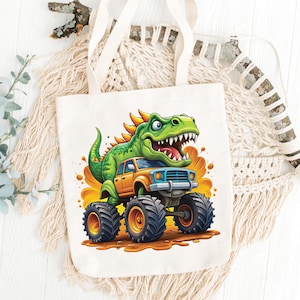 May include: White canvas tote bag featuring a cartoon dinosaur driving a monster truck. The dinosaur is green with orange spikes, and the truck is orange and blue. The design is set against a yellow and orange background.