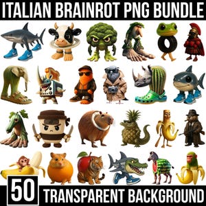 May include: A collection of 50 whimsical cartoon animal characters with transparent backgrounds. The characters include a shark, cow, broccoli, frog, and others, each uniquely designed and wearing shoes. Text at the top reads "ITALIAN BRAINROT PNG BUNDLE".