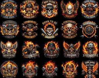 20 Biker Skull PNG Bundle, Flaming Motorcycle Rider Skull Clipart, Vintage Biker PNG,  Rider Badge Sublimation, Transparent Background