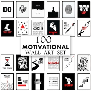 Könnte beinhalten: Eine Sammlung von über 100 motivierenden Wandkunst-Postern mit schwarz-weiß-roten Grafikdesigns. Jedes rechteckige Poster zeigt eine einzigartige Typografie und symbolische Illustrationen, darunter Phrasen wie DO, NEVER GIVE UP und TIME IS NOW.