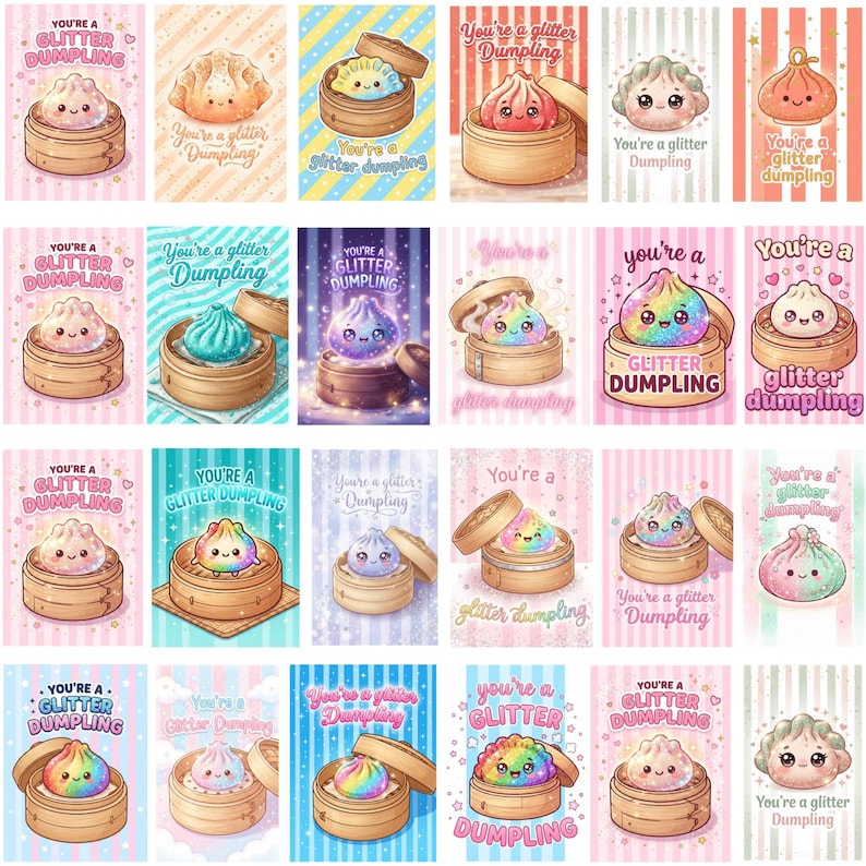 May include: A collection of twenty-four rectangular cards featuring illustrations of anthropomorphic dumplings in bamboo steamers. Each card displays the text You're a glitter dumpling in various fonts and colours against striped backgrounds.