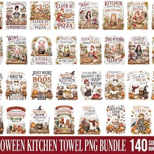 Op de afbeelding: Een digitale collectie van 140 sublimatieontwerpen voor keukendoeken met diverse illustraties van dieren, geesten en heksen in keukenomgevingen, voorzien van humoristische teksten zoals Cluck It Let's Order Pizza en Kitchen Runs on Love.