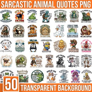 May include: A digital collection of 50 graphic illustrations featuring various animals including turtles, cats, frogs, and ducks, each paired with humorous text captions. The designs are arranged in a grid format against a white background.