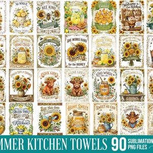 May include: A digital collection of 30 rectangular sublimation designs featuring summer themes with sunflowers, bees, gnomes, highland cows, honey jars, and lemonade pitchers, each with decorative text like Hello Sunshine and Bee Kind.