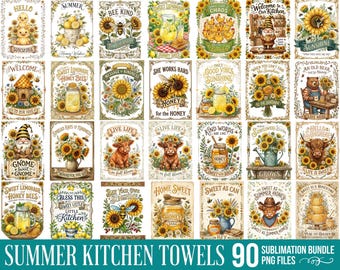 May include: A digital collection of 30 rectangular sublimation designs featuring summer themes with sunflowers, bees, gnomes, highland cows, honey jars, and lemonade pitchers, each with decorative text like Hello Sunshine and Bee Kind.