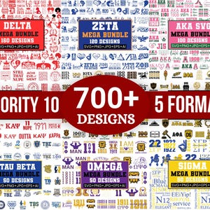 May include: A digital collection of over 700 sorority and fraternity graphic designs in five formats, featuring various logos, text, and symbols organised into bundles labelled Delta, Zeta, AKA, Tau Beta, Omega, and Sigma with file extensions.