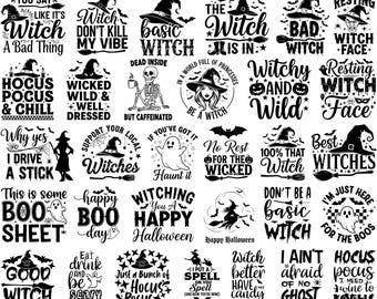 May include: A collection of Halloween-themed SVG designs with witch hats, bats, ghosts, and phrases like "Hocus Pocus" and "Happy Halloween." The designs are in black and white, suitable for various crafting projects.