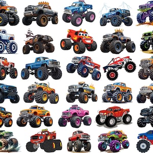 May include: A collection of colorful monster truck illustrations. Each truck features oversized tires and unique designs, including flames, crowns, and various color schemes like orange, blue, green, and purple. These trucks are designed for off-road racing.