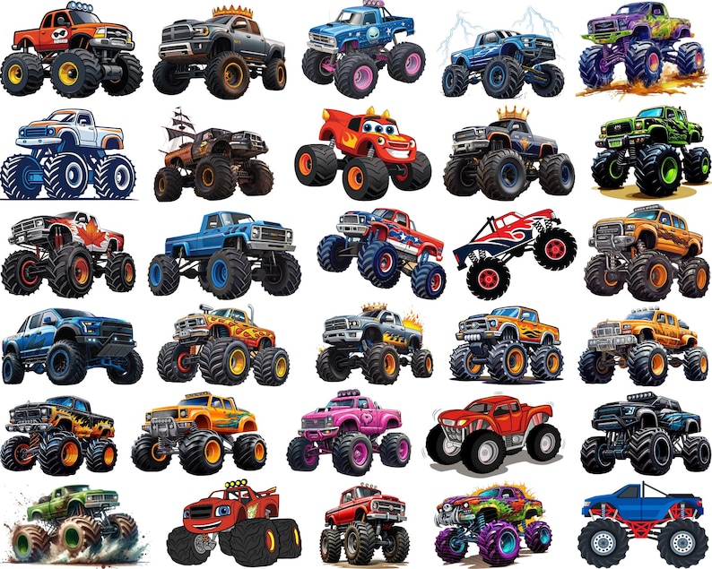 May include: A collection of colorful monster truck illustrations. Each truck features oversized tires and unique designs, including flames, crowns, and various color schemes like orange, blue, green, and purple. These trucks are designed for off-road racing.