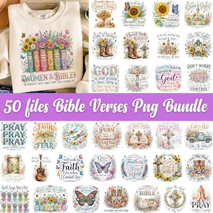 May include: A digital collection of 50 PNG files featuring Christian-themed illustrations, including floral arrangements, crosses, open bibles, and inspirational quotes. The designs incorporate vibrant colors, butterflies, and religious text.