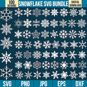 Peut inclure: Un lot de téléchargement numérique de 100 motifs de flocons de neige blancs, disponibles en formats SVG, PNG, JPG, EPS et DXF. Les flocons de neige sont sur un fond bleu foncé. Le texte "Snowflake SVG Bundle" est en haut.