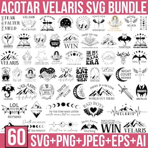 Puede incluir: Un paquete SVG digital con 60 diseños, que incluyen texto y elementos gráficos. Los diseños incluyen frases como "Velaris", "Bad Boys" y "Hard Days Win", junto con ilustraciones de montañas, alas y cuerpos celestes. El paquete incluye archivos SVG, PNG, JPEG, EPS y AI.