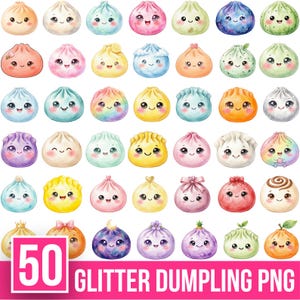 May include: A collection of 50 digital illustrations of round dumplings with smiling faces and large eyes, featuring various colors, patterns, and small decorative toppers like crowns, bows, and fruit, with the text 50 GLITTER DUMPLING PNG.