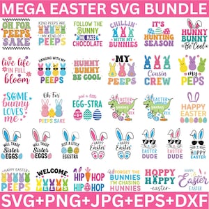 May include: A digital Easter SVG bundle with various designs. The designs include Easter bunnies, eggs, and phrases like "Happy Easter," "Oh for Peeps Sake," and "Follow the Bunny." The bundle is available in SVG, PNG, JPG, EPS, and DXF formats.