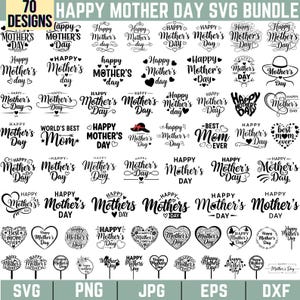 Peut inclure: Un ensemble de 70 motifs SVG pour la fête des mères, en noir et blanc. Les motifs comprennent diverses polices et styles, avec des cœurs, des chapeaux et des éléments floraux. Formats : SVG, PNG, JPG, EPS et DXF.
