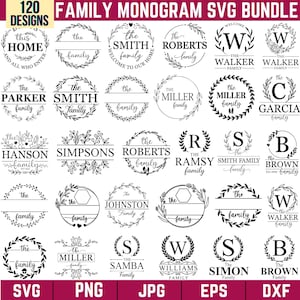 以下が含まれることがあります： SVG、PNG、JPG、EPS、DXF形式の120種類のファミリーモノグラムデザインのコレクション。白黒のデザインは、装飾的な花輪やフレームの中に家族の名前とイニシャルを表示しています。