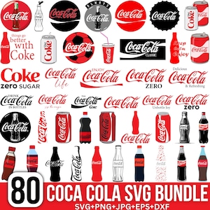 May include: A digital collection of 80 Coca-Cola graphic elements featuring various red, black, and white logos, soda cans, glass bottles, and text slogans like "things go better with Coke" and "Enjoy Coca-Cola" arranged in a grid for design use.