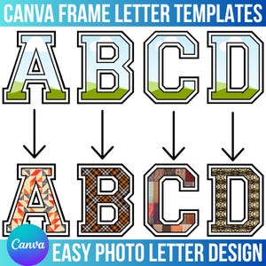 Canva-lijstlettersjablonen, fotoletteralfabet, bewerkbare canva-alfabetframes, eenvoudig fotoletterontwerp, sjabloon Varsity Letters