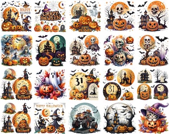 220+ Designs, Spooky Halloween PNG Mega Bundle, Pumpkins, Cats Ghosts, Alphabet & Watercolor Clipart, Transparent Background, Cut For Cricut