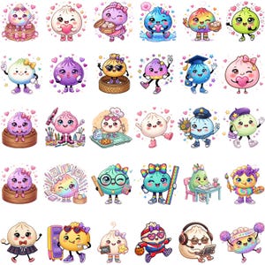 May include: A collection of thirty individual cartoon stickers featuring anthropomorphic steamed buns in various outfits and activities, including school, sports, and artistic themes, surrounded by small hearts and stars on a white background.