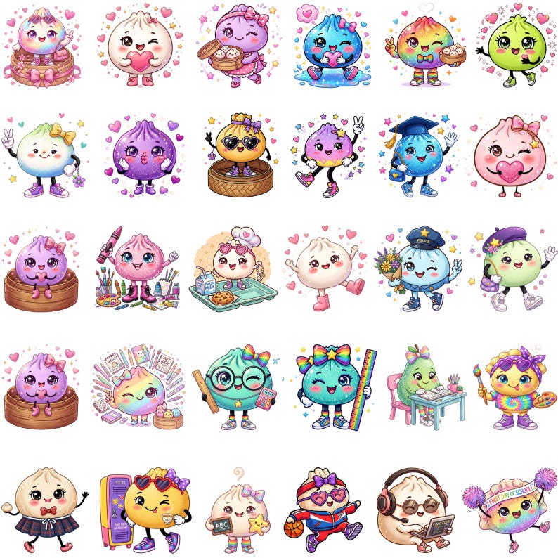 May include: A collection of thirty individual cartoon stickers featuring anthropomorphic steamed buns in various outfits and activities, including school, sports, and artistic themes, surrounded by small hearts and stars on a white background.