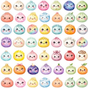 May include: A collection of forty-two individual dumpling illustrations arranged in a grid. Each dumpling features a unique pastel or vibrant colour, a distinct facial expression with large eyes and a smile, and various decorative top accents.
