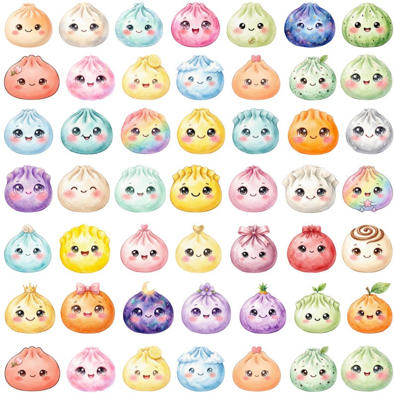 May include: A collection of forty-two individual dumpling illustrations arranged in a grid. Each dumpling features a unique pastel or vibrant colour, a distinct facial expression with large eyes and a smile, and various decorative top accents.