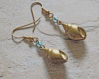 Brass Sea Shell Earrings Pierced Dangle Handmade
