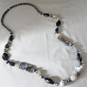 Fire Agate, Black Glass & Crystal Long, Endless Necklace Handmade