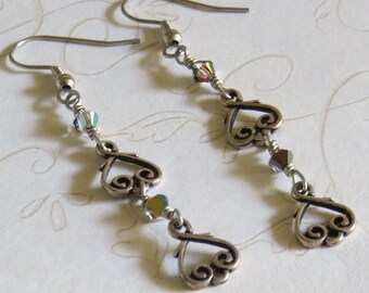 Pewter Hearts & Gray Iridescent Crystal Earrings Pierced Dangle Handmade