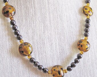 Leopard Patterned and Black Glass Beaded Necklace Handmade