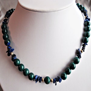Green Fossil Stone, Lapis Chips & Gold Filled Necklace Handmade