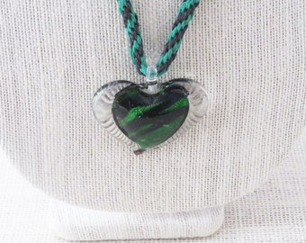 Green & Black Glass Heart Pendant on Green and Black Kumihimo Braided Necklace Handmade