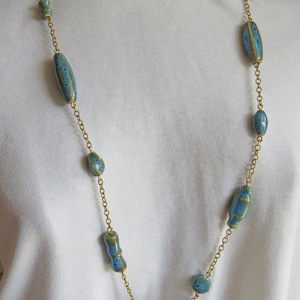Blue Ceramic and Antique Gold Chain Long Rope Necklace Handmade