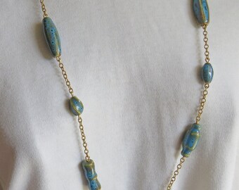 Blue Ceramic and Antique Gold Chain Long Rope Necklace Handmade