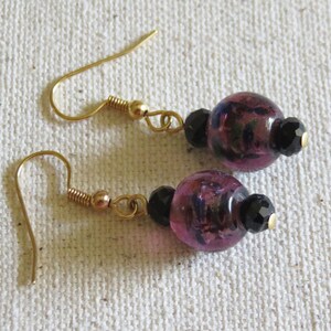 Purple Speckled Round Glass Bead and Faceted Black Swarovski Crystal Earrings Pierced Dangle Handmade