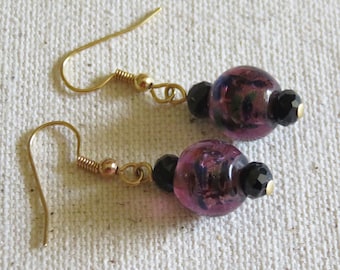 Purple Speckled Round Glass Bead and Faceted Black Swarovski Crystal Earrings Pierced Dangle Handmade